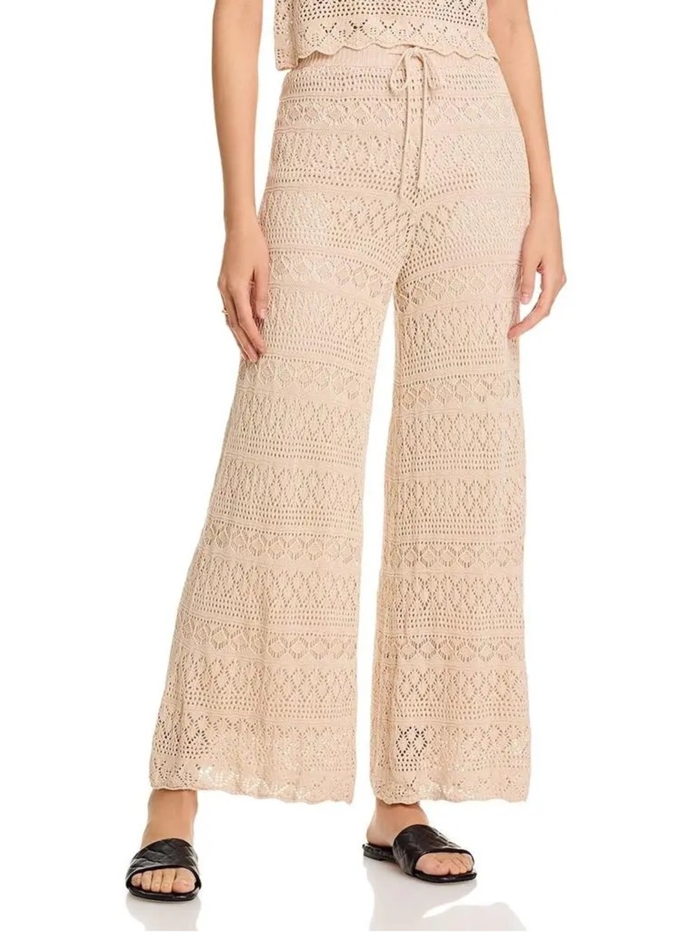 AQUA Crochet Wide Leg Pants NWT XXL Natural Knit Drawstring